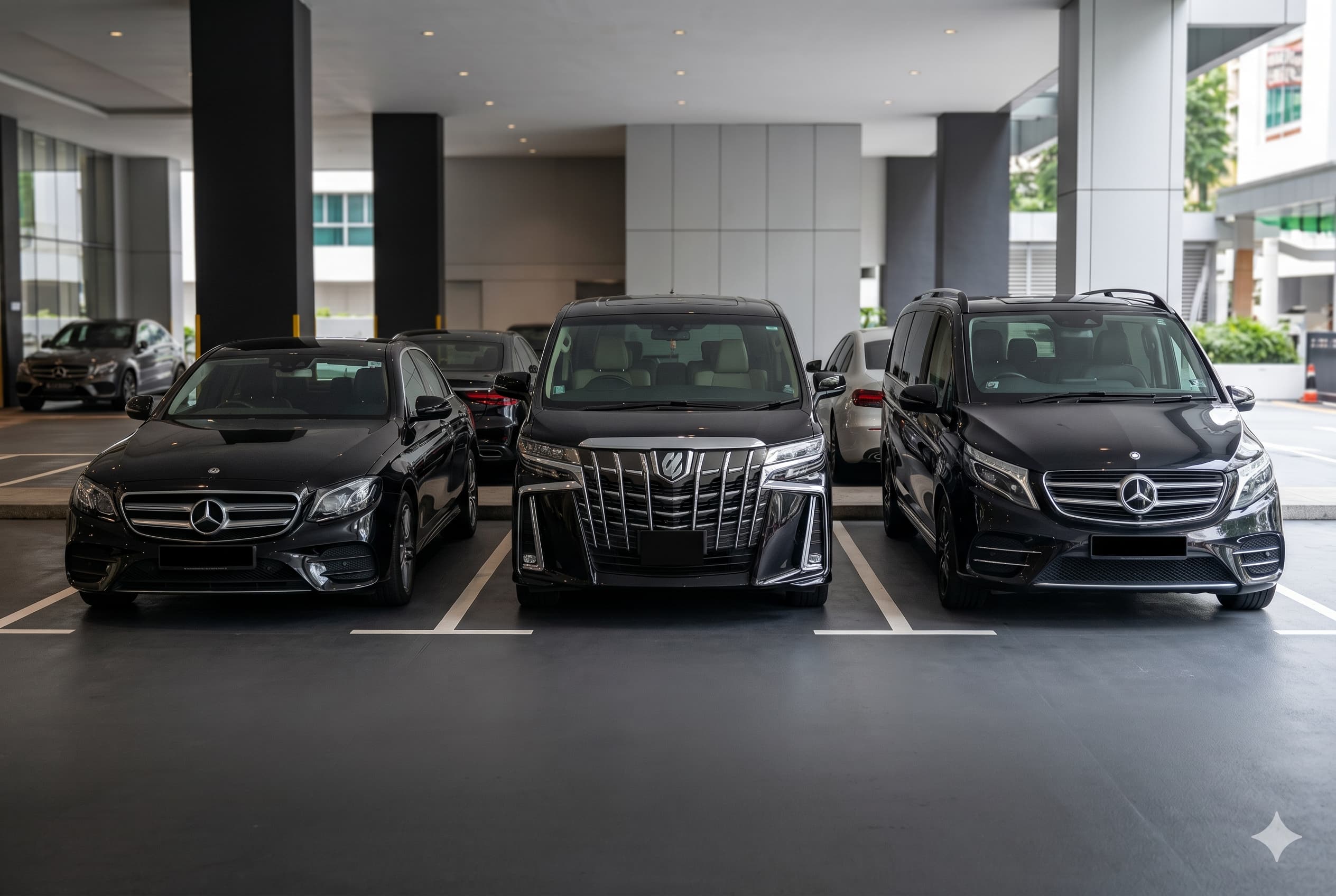 Corporate fleet lineup — Mercedes, Alphard, V-Class